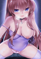 Rule 34 | 1girl, aurora (mvv), bad id, bad pixiv id, bare shoulders, blue eyes, blush, bow, bow panties, breast slip, breasts, breasts out, brown hair, bulge, camisole, collar, collarbone, covered navel, cross, erection, erection under clothes, girl on top, grinding, grinding over clothes, heart, heart-shaped pupils, highres, inverted cross, large breasts, long hair, looking at viewer, mvv, nipples, off shoulder, one breast out, original, panties, smile, solo focus, spread legs, straddling, strap slip, sweat, symbol-shaped pupils, teasing, thighhighs, underwear, very long hair, white thighhighs