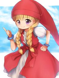 Rule 34 | 1girl, blonde hair, blue sky, blunt bangs, blush, bracelet, braid, closed mouth, cloud, commentary request, dragon quest, dragon quest xi, dress, emurin, feet out of frame, hair over shoulder, hat, highres, jewelry, layered dress, long hair, looking at viewer, puffy short sleeves, puffy sleeves, purple eyes, red dress, red hat, short sleeves, sky, smile, solo, twin braids, veronica (dq11), white dress