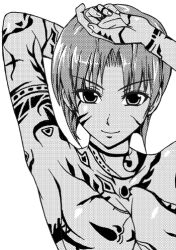 Rule 34 | 00s, 1girl, armpits, bazett fraga mcremitz, breasts, facepaint, fate/hollow ataraxia, fate/stay night, fate (series), greyscale, lowres, monochrome, nude, short hair, simple background, smile, solo, tattoo