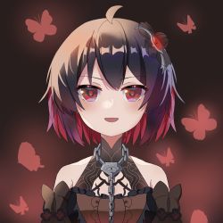 Rule 34 | 1girl, :d, bare shoulders, black dress, bug, butterfly, chain, dress, hair between eyes, hair ornament, highres, honkai (series), honkai impact 3rd, huiyuanaideknight, insect, looking at viewer, open mouth, red butterfly, red eyes, red hair, seele (alter ego), seele vollerei, seele vollerei (stygian nymph), short hair, smile, solo