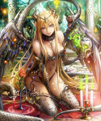 Rule 34 | 1girl, between legs, blonde hair, breasts, candle, choker, claws, cleavage, elbow gloves, feathered wings, flower, forehead jewel, full body, gloves, hair between eyes, hand between legs, high heels, highres, holding, horns, jewelry, kneeling, komecchi, light particles, long hair, looking at viewer, lots of jewelry, navel, necklace, original, parted lips, pendant, pillar, pointy ears, purple eyes, scales, seiza, shingoku no valhalla gate, sidelocks, sitting, skull, smile, snake, solo, thighhighs, tiara, very long hair, wings