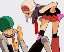 Rule 34 | 00s, 1boy, 1girl, aqua eyes, aqua hair, bad id, bad pixiv id, beanie, bent over, black eyes, blunt bangs, boots, bowl cut, closed mouth, creatures (company), dawn (pokemon), dress, game freak, grey background, hair ornament, half updo, hands up, hat, legs apart, li sakura, long hair, looking at another, looking away, looking to the side, miniskirt, nintendo, npc trainer, open mouth, over-kneehighs, pink footwear, pink skirt, pokemon, pokemon dppt, purple hair, red dress, red scarf, scared, scarf, shaded face, shirt, simple background, sitting, skirt, sleeveless, sleeveless shirt, standing, sweat, team galactic, team galactic grunt, thighhighs, turtleneck, uniform, wavy mouth