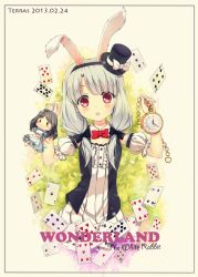 Rule 34 | 1girl, alice (alice in wonderland), alice in wonderland, animal ears, bow, bowtie, rabbit ears, card, character doll, detached sleeves, hairband, hat, mini hat, mini top hat, personification, playing card, pocket watch, red eyes, solo, terras, top hat, twintails, watch, white hair, white rabbit (alice in wonderland)
