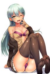 Rule 34 | 1girl, absurdres, aqua eyes, aqua hair, ass, blush, bra, breasts, brown thighhighs, cameltoe, feet, hair between eyes, hair ornament, hairclip, highres, kantai collection, long hair, medium breasts, no shoes, off shoulder, one eye closed, open mouth, panties, pantyshot, purple bra, purple panties, remodel (kantai collection), school uniform, shiny skin, silly (marinkomoe), simple background, sitting, skirt, smile, soles, solo, suzuya (kancolle), tan, thighhighs, toes, underwear, white background