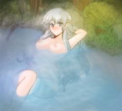 Rule 34 | 1girl, arm behind head, armpits, blush, breasts, crossed legs, deirdre (fire emblem), female focus, fire emblem, fire emblem: genealogy of the holy war, forest, hair between eyes, happy, headband, hip focus, in water, knees, large breasts, legs, legs together, long hair, looking at viewer, lying, nature, navel, nintendo, nipples, nude, on back, partially submerged, plant, pond, pool, purple eyes, silver hair, sitting, smile, solo, thighs, tridisart, very long hair, water, wide hips