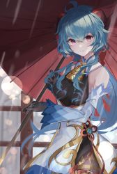 Rule 34 | 1girl, ahoge, bare shoulders, bell, black bodysuit, black gloves, blue hair, blurry, blurry background, blush, bodice, bodysuit, chinese knot, commentary request, cowbell, detached sleeves, fence, flower knot, ganyu (genshin impact), genshin impact, gloves, goat horns, highres, holding, holding umbrella, horns, long hair, long sleeves, looking at viewer, oil-paper umbrella, outdoors, parted lips, purple eyes, rain, solo, standing, umbrella, units lustil, vision (genshin impact), wet lens