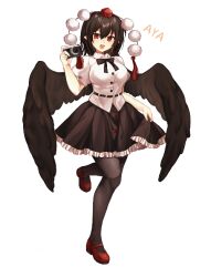 Rule 34 | 1girl, bird wings, black hair, black pantyhose, black skirt, black wings, breasts, camera, character name, collared shirt, commentary, frilled skirt, frills, full body, hat, holding, holding camera, large breasts, looking at viewer, open mouth, pantyhose, pointy ears, pom pom (clothes), red eyes, red footwear, red hat, shameimaru aya, shirt, short hair, short sleeves, simple background, skirt, solo, standing, standing on one leg, tokin hat, touhou, utsuro114514, white background, wings