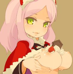 Rule 34 | 1girl, breast lift, breasts, capelet, chocolate, christmas, cream, food, fruit, green eyes, highres, mota, nipples, original, pink hair, simple background, smile, solo, strawberry