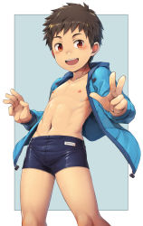 Rule 34 | 1boy, :d, absurdres, bad id, bad pixiv id, blue jammers, blue male swimwear, blush, brown hair, collarbone, daikung, hands up, highres, hood, hoodie, jammers, looking at viewer, male focus, male school swimsuit, male swimwear, name tag, navel, nipples, open clothes, open mouth, orange eyes, original, outside border, shiny clothes, smile, solo, spiked hair, standing, swim briefs, swimsuit, unzipped, w