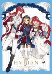 Rule 34 | 1girl, 2boys, ascot, blonde hair, boy and girl sandwich, brother and sister, colored inner hair, gloves, highres, link, long hair, low-tied long hair, mipha, multicolored hair, multiple boys, nekohanemocha, nintendo, personification, pointy ears, red hair, royal guard set (zelda), sandwiched, sharp teeth, siblings, sidon, teeth, the legend of zelda, the legend of zelda: breath of the wild, white gloves, white hair