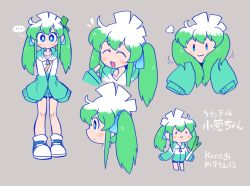 Rule 34 | ..., 1girl, :3, ahoge, alternate hairstyle, blue eyes, blush stickers, bright pupils, character name, closed mouth, commentary, english commentary, flying sweatdrops, green hair, grey background, konegi (rariatto), long sleeves, looking at viewer, multicolored hair, original, rariatto (ganguri), shoes, simple background, sleeves past fingers, sleeves past wrists, solo, spoken ellipsis, twintails, two-tone hair, white hair