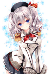 Rule 34 | 10s, 1girl, beret, blue eyes, bow, breasts, buttons, collared shirt, cowboy shot, double-breasted, epaulettes, female focus, frilled sleeves, frills, hat, hat bow, kantai collection, kashima (kancolle), large breasts, long hair, military, military uniform, miniskirt, nogi takayoshi, pleated skirt, red ribbon, ribbon, shirt, sidelocks, simple background, skirt, smile, solo, tsurime, uniform, wavy hair, wavy mouth, white background, white hair