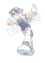 Rule 34 | 1girl, android, baseball cap, black-framed eyewear, boots, child, cosplay, dr. slump, female focus, glasses, gloves, grin, hat, highres, ishikawa hideki, joints, limited palette, mega man (classic), mega man (series), norimaki arale, norimaki arale (cosplay), outstretched arms, overall shorts, overalls, robot joints, roll (mega man), running, sidelocks, simple background, smile, solo, spread arms, white background