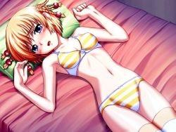 Rule 34 | 1girl, bed, blonde hair, blue eyes, blush, bra, braid, breasts, flat chest, game cg, kanisawa kinu, lingerie, lying, navel, on back, open mouth, panties, pillow, shironeko sanbou, short hair, small breasts, solo, striped bra, striped clothes, striped panties, thighhighs, tsuyokiss, underwear, underwear only