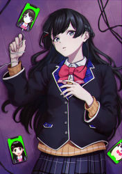 Rule 34 | 1girl, absurdres, black hair, black jacket, blazer, blue eyes, bow, bowtie, braid, brown cardigan, cable, cardigan, cellphone, collared shirt, commentary, french braid, g9 (jiiku), hair ornament, hairclip, highres, huge filesize, jacket, long hair, looking at viewer, lying, nijisanji, on back, on floor, parted lips, phone, pink bow, pink bowtie, plaid, plaid skirt, school uniform, serial experiments lain, shirt, skirt, smartphone, solo, tsukino mito, tsukino mito (1st costume), upper body, virtual youtuber, white shirt