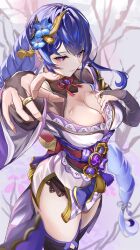 Rule 34 | 1girl, absurdres, braid, breasts, bridal gauntlets, cleavage, closed mouth, flower, from above, genshin impact, highres, japanese clothes, kimono, large breasts, low-braided long hair, low-tied long hair, mole, mole under eye, obi, obiage, obijime, purple eyes, purple flower, purple hair, purple kimono, raiden shogun, sash, solo, thighhighs, thighs, vision (genshin impact), zawzawa