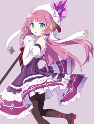 Rule 34 | 1girl, black pantyhose, blue eyes, detached sleeves, dress, from behind, hat, hijiri (resetter), long hair, looking back, open mouth, pantyhose, pink hair, shoes, solo, staff, weapon