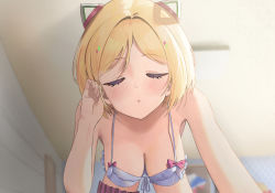Rule 34 | 1girl, aki rosenthal, aki rosenthal (sleepwear), blonde hair, blue eyes, blush, bob cut, breasts, cleavage, closed eyes, commission, hair ornament, highres, hololive, imminent kiss, parted bangs, parted lips, short hair, solo, symbol-shaped pupils, twin (tt lsh), underwear, virtual youtuber