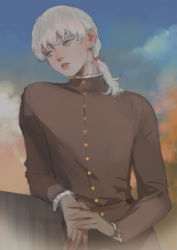 Rule 34 | 1boy, androgynous, berserk, blue eyes, elbow rest, emg (christain), griffith (berserk), long hair, long sleeves, looking to the side, male focus, outdoors, parted lips, ponytail, solo, solo focus, white hair