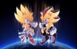 Rule 34 | 2boys, aura, battle damage, clenched hand, clenched hands, clenched teeth, earth (planet), floating, gloves, highres, isa03re, male focus, multiple boys, planet, red eyes, shadow the hedgehog, smile, sonic (series), sonic adventure 2, sonic the hedgehog, space, super shadow, super sonic, teeth, white gloves