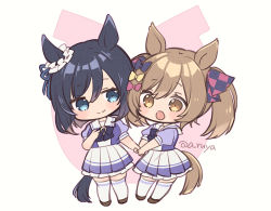 Rule 34 | 2girls, :d, animal ears, aruya (flosrota), black bow, black hair, blue eyes, blue shirt, blush, bow, brown eyes, brown hair, chibi, closed mouth, commentary request, eishin flash (umamusume), hair between eyes, hair bow, hand grab, horse ears, horse girl, horse tail, multiple girls, open mouth, pleated skirt, puffy short sleeves, puffy sleeves, red bow, shirt, short sleeves, skirt, smart falcon (umamusume), smile, tail, thighhighs, twintails, twitter username, umamusume, white background, white legwear, white skirt, yellow bow