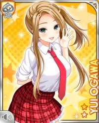 Rule 34 | 1girl, arm behind back, blonde hair, breasts, card, character name, girlfriend (kari), grey eyes, large breasts, long hair, necktie, official art, ogawa yui (girlfriend kari), open mouth, plaid, plaid skirt, qp:flapper, red necktie, red skirt, school uniform, shirt, side ponytail, skirt, smile, solo, tagme, white shirt, yellow background