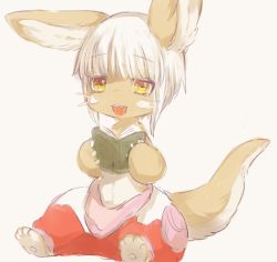 Rule 34 | 1girl, :3, :d, animal ears, bad id, bad twitter id, body fur, book, full body, furry, furry female, grey background, hideko (l33l3b), holding, holding book, looking at viewer, made in abyss, nanachi (made in abyss), open mouth, simple background, sitting, smile, solo, tail, whiskers, white hair, yellow eyes