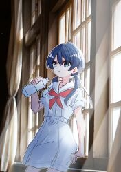 Rule 34 | 1girl, :o, against window, blue eyes, blue hair, blue ribbon, blurry, blurry background, bottle, collarbone, commentary request, cowboy shot, curtains, dark blue hair, dress, hair between eyes, hair ribbon, hand rest, hand up, hasu no sora school uniform, highres, holding, holding bottle, indoors, kanduki kamibukuro, light particles, link! like! love live!, long hair, love live!, low twintails, mole, mole on neck, murano sayaka, neckerchief, open mouth, outline, photo background, pleated dress, red neckerchief, ribbon, sailor collar, sailor dress, school uniform, short sleeves, sidelocks, solo, summer uniform, sunlight, twintails, virtual youtuber, water bottle, white dress, white outline, white sailor collar, window