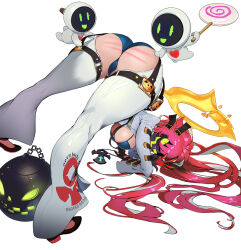 Rule 34 | 1girl, 2others, ass, ass cutout, cleft of venus, clothing cutout, green hair, guilty gear, jack-o&#039; challenge, jack-o&#039; valentine, mask, moqsal, multiple others, red hair, revealing clothes, smile, spanked, white background