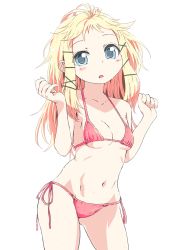 Rule 34 | 1girl, :o, bare arms, bare shoulders, bikini, black bullet, blush, breasts, cleavage, cowboy shot, groin, hair ornament, hairclip, hands up, highres, legs apart, long hair, looking at viewer, moyamu, navel, open mouth, pink bikini, side-tie bikini bottom, simple background, small breasts, solo, standing, stomach, swimsuit, tina sprout, underboob, white background, x hair ornament
