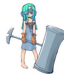 Rule 34 | barefoot, blue eyes, caveos, gloves, green hair, hammer, masha, meteos, personification, solo