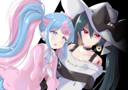Rule 34 | 2girls, :o, absurdres, bare shoulders, black choker, blue hair, blue skirt, choker, collarbone, collared shirt, commentary, creatures (company), dark miku (project voltage), earrings, fairy miku (project voltage), game freak, green hair, hair between eyes, hat, hatsune miku, highres, jewelry, long hair, multicolored eyes, multicolored hair, multiple girls, nintendo, off-shoulder shirt, off shoulder, open mouth, pink hair, pink sweater, pokemon, project voltage, red eyes, shirt, shoulder tattoo, sidelocks, skirt, ssaaggwwaa, sweater, tattoo, tongue, two-tone hair, vocaloid, white shirt