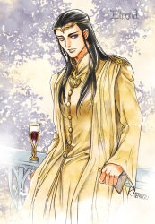 Rule 34 | 1boy, black eyes, black hair, braid, chalice, character name, circlet, closed mouth, cup, highres, kazuki-mendou, long hair, long sleeves, looking at viewer, male focus, robe, side braids, signature, solo, the lord of the rings, tolkien&#039;s legendarium, tolkien's legendarium, yellow robe