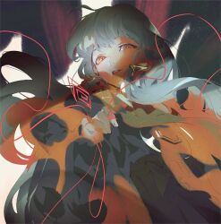 Rule 34 | 1girl, abstract background, black kimono, commentary request, floating hair, grey hair, hair tubes, half-closed eyes, hand up, highres, japanese clothes, kimono, light smile, long hair, long sleeves, looking at viewer, lucaxu1991, open mouth, raging loop, red eyes, sidelocks, solo, stole, string, string around finger, string of fate, uematsu rikako, upper body