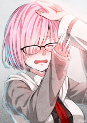Rule 34 | 1girl, alternate hair color, arms up, artist name, blush, breasts, closed eyes, crying, fate/grand order, fate (series), fujimaru ritsuka (male), glasses, hair over one eye, hand on another&#039;s head, headpat, highres, large breasts, long sleeves, mash kyrielight, necktie, open mouth, out of frame, petting, pink hair, red necktie, rindo, short hair, signature, solo focus, tears, wavy mouth