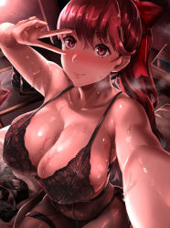 Rule 34 | 1girl, alternate breast size, black bra, black pantyhose, blush, bra, breasts, cleavage, drums (artist), highres, huge breasts, kneeling, lingerie, long hair, looking at viewer, mouth hold, panties, pantyhose, parted lips, persona, persona 5, persona 5 the royal, ponytail, red eyes, red hair, shiny skin, sitting, solo, steaming body, sweat, nervous sweating, underwear, v, yoshizawa kasumi