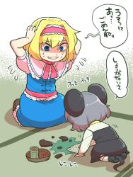 Rule 34 | 2girls, alice margatroid, animal ears, blonde hair, blue eyes, cleaning, cookie (touhou), cup, dress, green tea, grey hair, hands on own head, headband, image sample, mouse ears, mouse tail, multiple girls, nazrin, spill, sweat, syowahoka, tail, tatami, tea, teacup, touhou, translated, tray, twitter sample