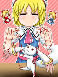 Rule 34 | 10s, 1girl, :3, alice margatroid, crossover, doll, female focus, hourai doll, kyubey, mahou shoujo madoka magica, marionette, no mouth, no nose, puppet, red eyes, shanghai doll, solo, tk8d32, touhou