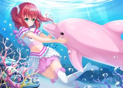 Rule 34 | 1girl, 7fuji 06, air bubble, blush, boots, bubble, coral, crop top, dolphin, fish, green eyes, highres, kurosawa ruby, layered shirt, layered skirt, light rays, long hair, looking at animal, love live!, love live! sunshine!!, midriff, navel, ocean, petting, red hair, short sleeves, skirt, smile, solo, sunlight, thigh boots, two side up, underwater