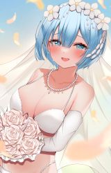 Rule 34 | 1girl, :d, absurdres, bare shoulders, bead necklace, beads, bikini, blue eyes, blue hair, blush, bouquet, breasts, bridal veil, cleavage, collarbone, commentary request, crying, crying with eyes open, elbow gloves, female focus, flower, gloves, hair flower, hair ornament, happy tears, highres, holding, holding bouquet, jewelry, large breasts, looking at viewer, matching hair/eyes, multi-strapped bikini, necklace, open mouth, petals, pink flower, pink rose, re:zero kara hajimeru isekai seikatsu, rem (re:zero), rose, sayo shigure (sayosigure), short hair, smile, solo, swimsuit, tears, upper body, veil, white bikini, white flower, white gloves