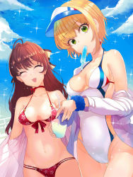 Rule 34 | 1girl, ahoge, ashita (2010), bare shoulders, bikini, blonde hair, blue sky, blush, breasts, brown hair, choker, cleavage, closed eyes, collarbone, cup, day, dress, drink, drinking straw, eyelashes, floral print, food, gown, green eyes, hair between eyes, hair ribbon, highres, hip focus, ichinose shiki, idolmaster, idolmaster cinderella girls, long hair, looking at viewer, medium breasts, miyamoto frederica, mouth hold, multi-strapped bikini, navel, off shoulder, one-piece swimsuit, open clothes, open mouth, popsicle, red bikini, ribbon, short hair, sky, smile, sparkle, swimsuit, visor cap, wavy hair, white one-piece swimsuit