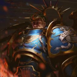 Rule 34 | 1boy, armor, blonde hair, blue armor, breastplate, character name, closed mouth, commentary, english commentary, gold trim, halo, highres, laurel crown, laurels, looking at viewer, o8o8das, ornate armor, pauldrons, power armor, primarch, purity seal, roboute guilliman, short hair, shoulder armor, solo, vambraces, warhammer 40k