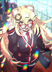 Rule 34 | :3, absurdres, alternate costume, alternate hair length, alternate hairstyle, animal ears, arm up, bespectacled, black thighhighs, blonde hair, blue cardigan, briefcase, cardigan, chromatic aberration, floating hair, from above, glasses, hair ornament, hairclip, highres, indoors, jewelry, lion ears, lion girl, lion hair ornament, lion tail, locker, long hair, long sleeves, necklace, necktie, open mouth, orange eyes, plaid necktie, pleated skirt, puffy long sleeves, puffy sleeves, red-framed eyewear, red necktie, school, school briefcase, school uniform, sharp teeth, shinonome ito, shirt, skirt, tail, teeth, thighhighs, tooth necklace, trebas, v-shaped eyebrows, very long hair, virtual youtuber, wactor production, waving, white shirt, wing collar