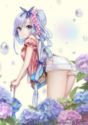 Rule 34 | 1girl, :&gt;, ass, bag, bare shoulders, bent over, blouse, blue eyes, blue hair, blush, breasts, character request, dated, flower, hair flower, hair ornament, hairband, hydrangea, leaning forward, long hair, looking at viewer, medium breasts, off shoulder, pisuke, ponytail, shirt, shorts, smile, snail, solo, water, water drop, watermark