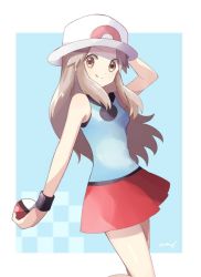 Rule 34 | 1girl, :q, arm up, bare shoulders, blue background, blue shirt, breasts, brown eyes, brown hair, closed mouth, commentary, creatures (company), english commentary, floating hair, game freak, hand on headwear, hat, holding, holding poke ball, leaf (pokemon), long hair, looking at viewer, mei (maysroom), miniskirt, nintendo, poke ball, poke ball (basic), pokemon, pokemon frlg, red skirt, shirt, sidelocks, signature, skirt, sleeveless, sleeveless shirt, small breasts, smile, solo, standing, tongue, tongue out, white hat, wristband