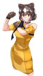 1girl, absurdres, alternate costume, animal ears, asymmetrical clothes, bangs, bare shoulders, bear ears, black hair, brown bear (kemono friends), brown eyes, choker, closed mouth, collarbone, colored inner hair, cropped legs, dress, extra ears, eyebrows visible through hair, fishnet gloves, fishnets, gloves, hair between eyes, hand on own shoulder, hand up, highres, jewelry, kemono friends, looking at viewer, medium dress, multicolored hair, necklace, off-shoulder dress, off shoulder, parted bangs, pearl necklace, pencil dress, shiny, shiny hair, short hair, short sleeves, sidelocks, simple background, smile, solo, tanabe (fueisei), two-tone hair, white background, white hair, yellow dress