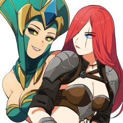Rule 34 | 2girls, bare shoulders, black sclera, breasts, cassiopeia (league of legends), cleavage, colored sclera, fang, green eyes, green headwear, hair over one eye, highres, hiyari (hiyarilol), katarina (league of legends), lamia, large breasts, league of legends, long hair, looking at another, monster girl, multiple girls, red hair, scar, scar across eye, scar on face, siblings, simple background, sisters, stomach tattoo, tattoo, teeth, upper body, white background, yellow eyes