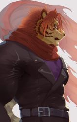 Rule 34 | 1boy, animal ears, bara, birry, covered abs, furry, furry male, glowing, glowing eyes, highres, jacket, large pectorals, leather, leather jacket, looking to the side, male focus, muscular, muscular male, nomad (housamo), pectorals, purple shirt, red eyes, red hair, shirt, short hair, solo, taut clothes, taut shirt, tiger boy, tiger ears, tiger stripes, tokyo houkago summoners, upper body, wind
