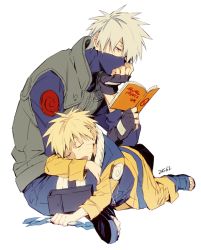 Rule 34 | 2boys, age difference, blonde hair, book, commentary request, dated, facial mark, fingerless gloves, flak jacket, gloves, hair over one eye, hatake kakashi, head on hand, jacket, lap pillow, long sleeves, mask, mouth mask, multiple boys, multiple girls, naruto, naruto (series), open mouth, orange pants, orange shirt, pants, reading, shirt, short hair, silver hair, sitting, sleeping, spiked hair, toeless footwear, uzumaki naruto, whisker markings, whiskers, white background, xia (ryugo)