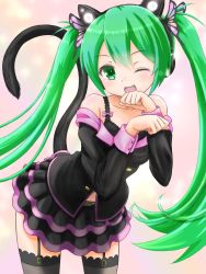 Rule 34 | 1girl, animal ear headphones, animal ears, axent wear, black skirt, black thighhighs, cat ear headphones, cat ears, cat tail, collarbone, fake animal ears, fang, frilled skirt, frills, garter straps, green eyes, green hair, hair ornament, hatsune miku, headphones, highres, long hair, looking at viewer, matching hair/eyes, midriff, one eye closed, open mouth, paw pose, skirt, solo, tail, thighhighs, twintails, vocaloid, watage (wata)